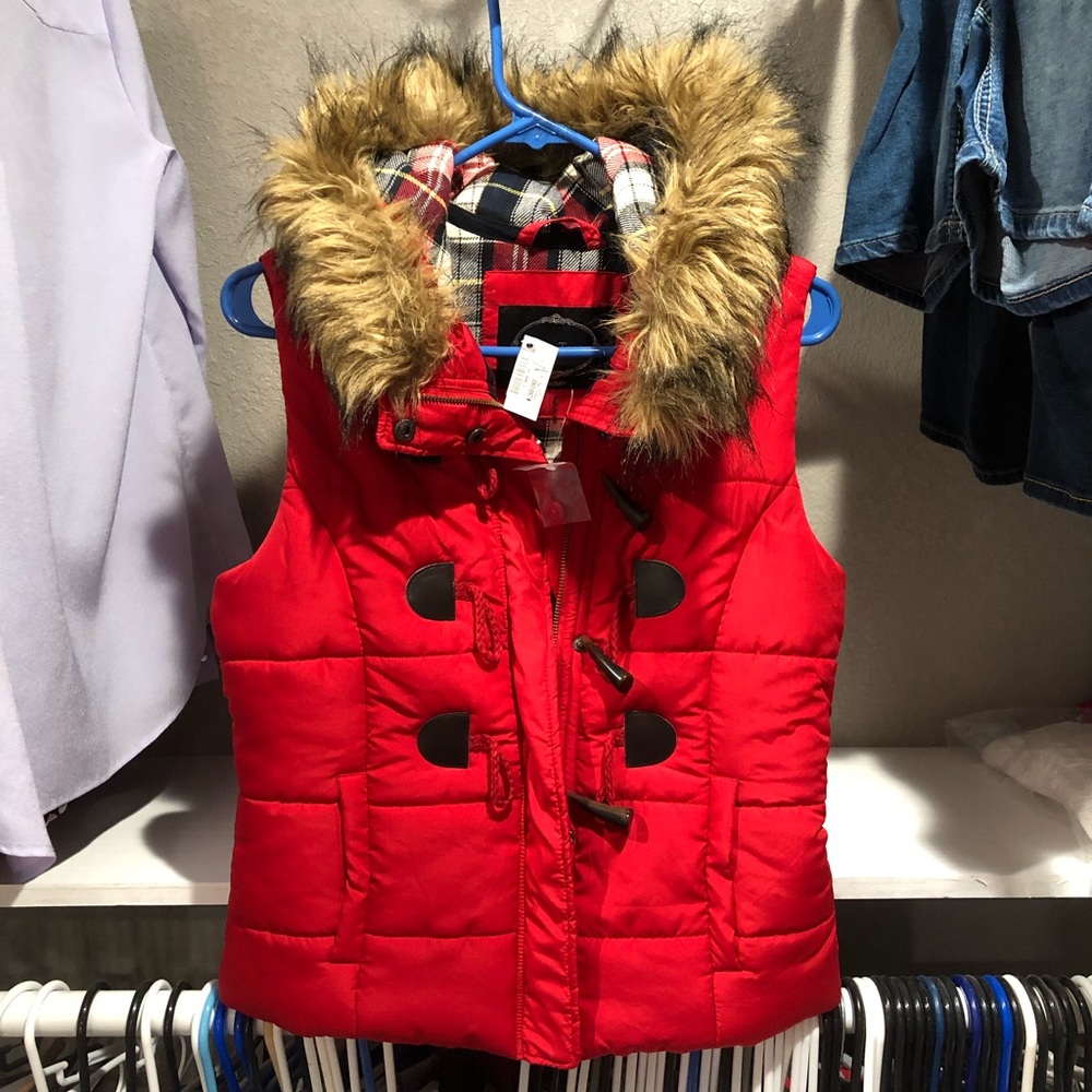 Red vest with fur hood